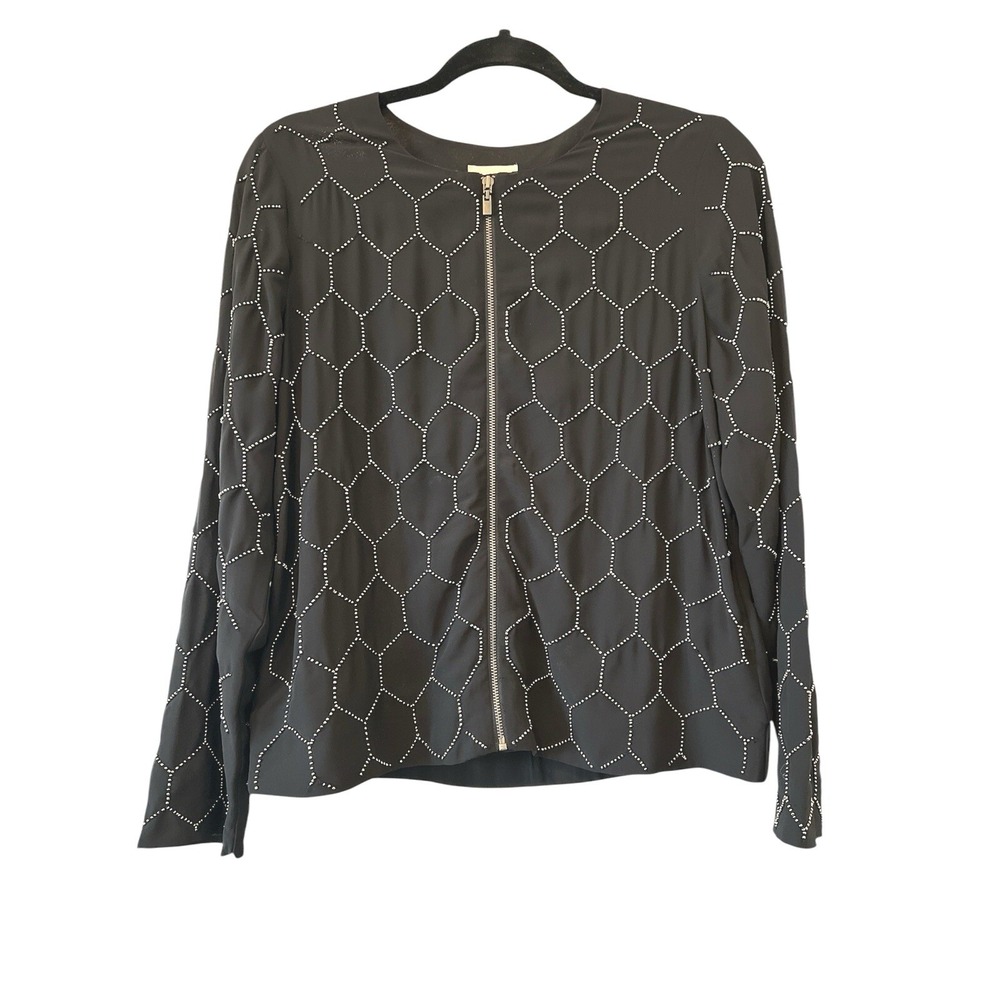 Chicos Black Beaded Honeycomb Zip Front Bomber‎ Jacket Size 0 XS/S Geometric
